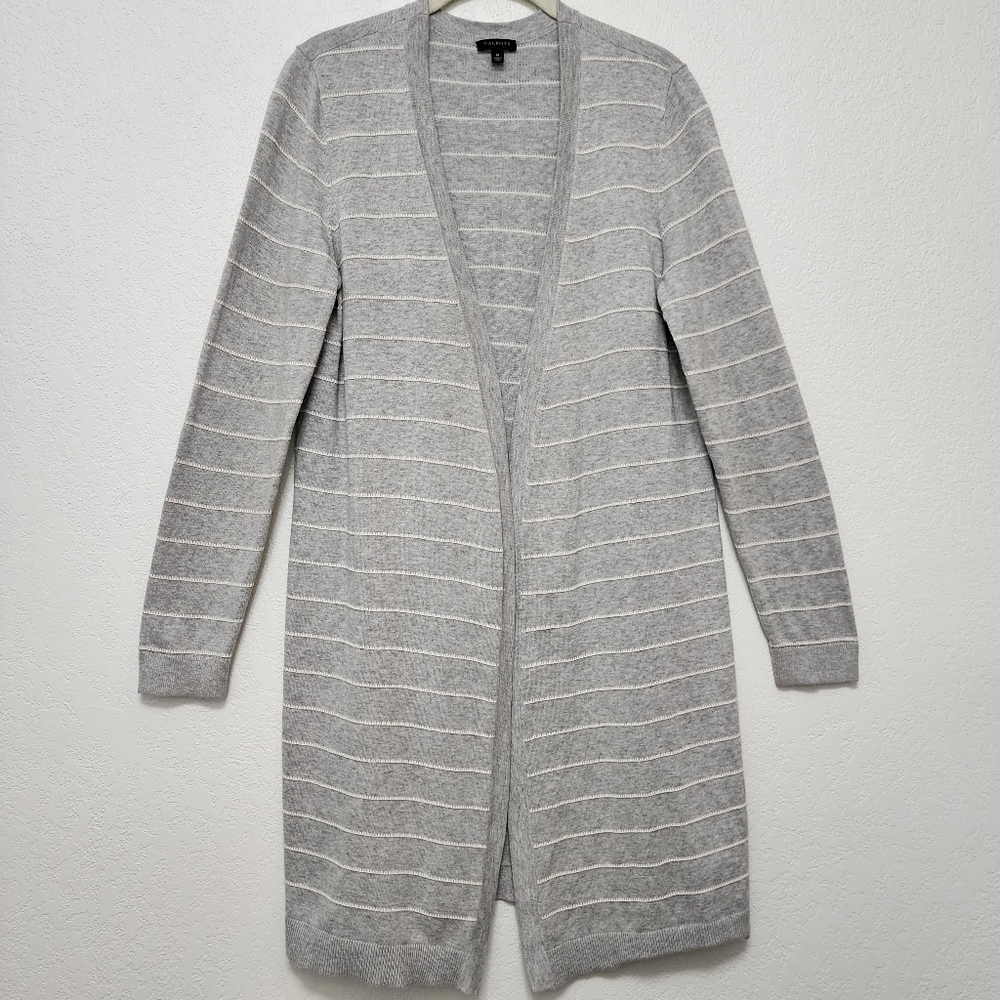 Talbots Long Line Gray & White Striped Open Front Cardigan Size Medium